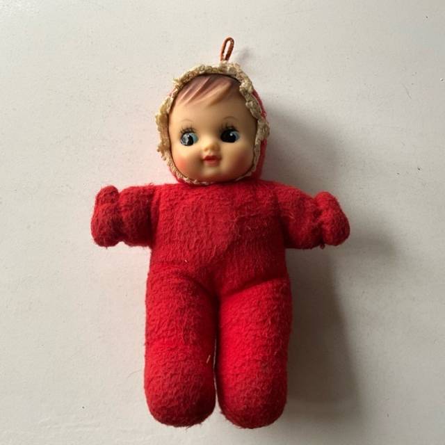Rare Small Red Rag Doll With Hard Plastic Fa...